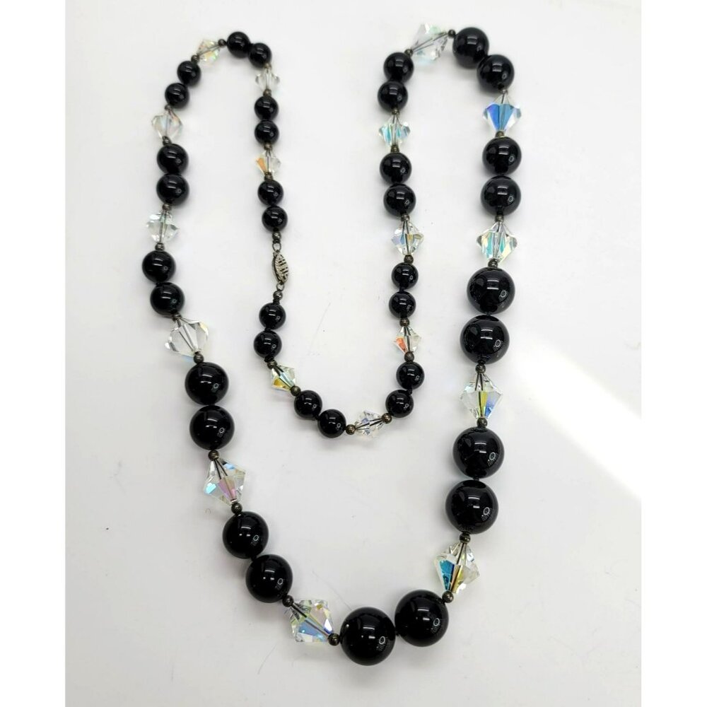 Black Stone Necklace Graduated and Prism Beaded Jewelry Sterling Clasp 28" DH78